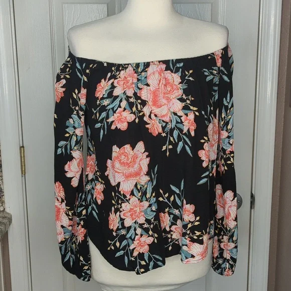 Billabong black with pink white green floral flowy long sleeve shirt size medium - Picture 5 of 9